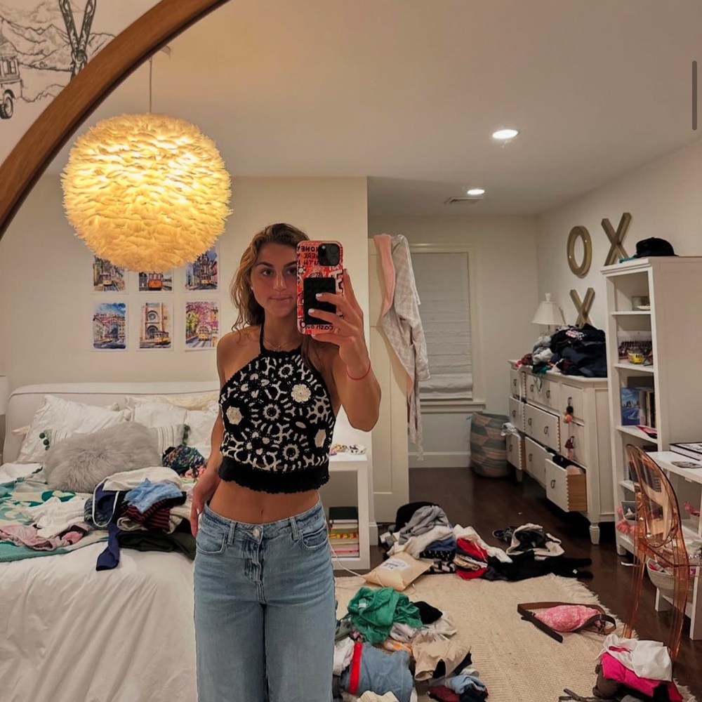 Zara Black and White crochet halter floral Top